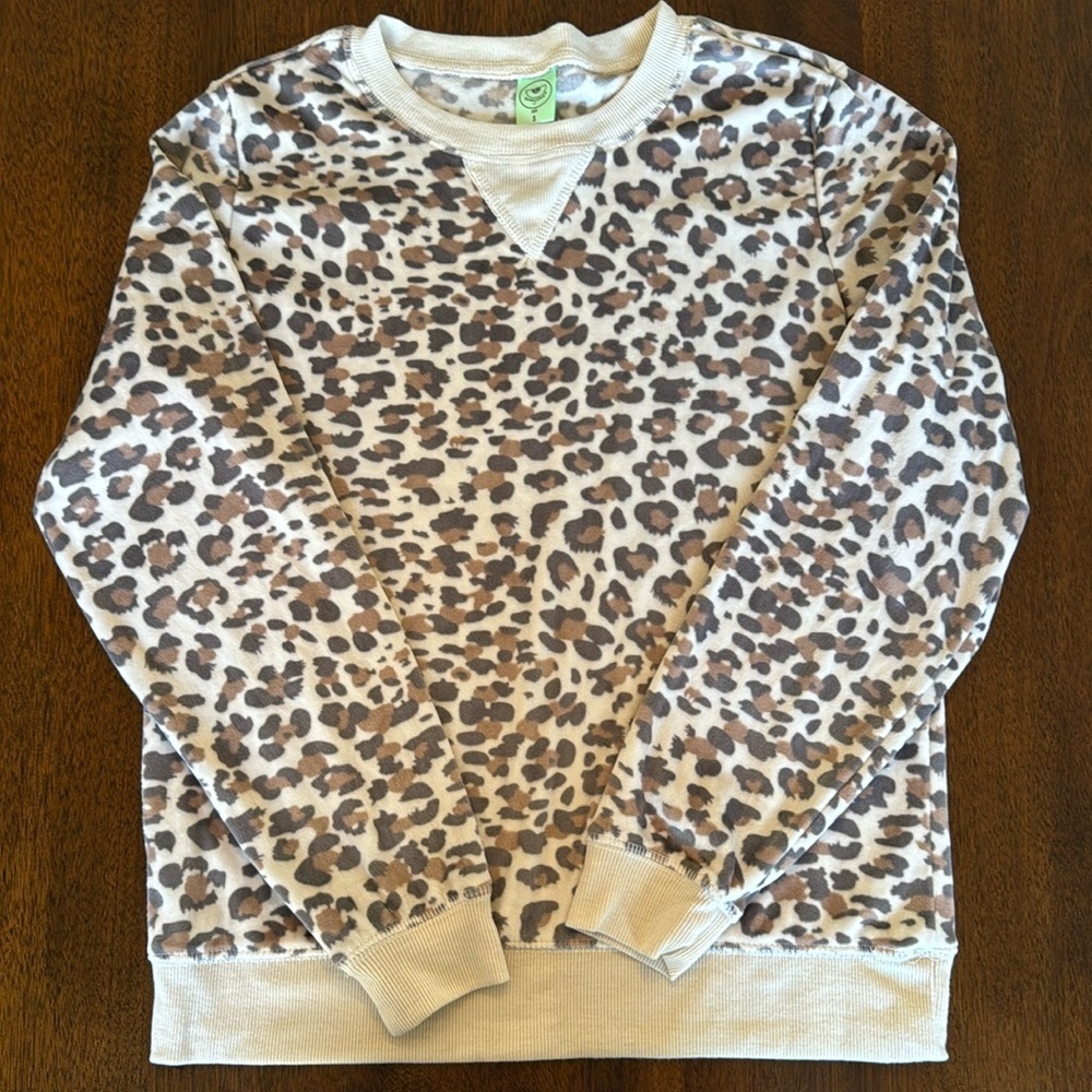 🟡 Honeydew Leopard Brown Tan Print Pajama Sweater‎ Top Size Small